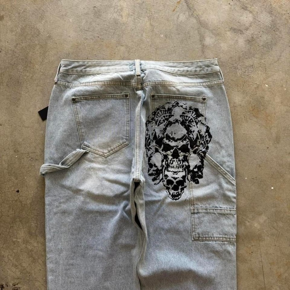 Baggy Carpenter Skull Double Knee Nova Jnco Styl Denim Y2k Grunge Jeans 36x32